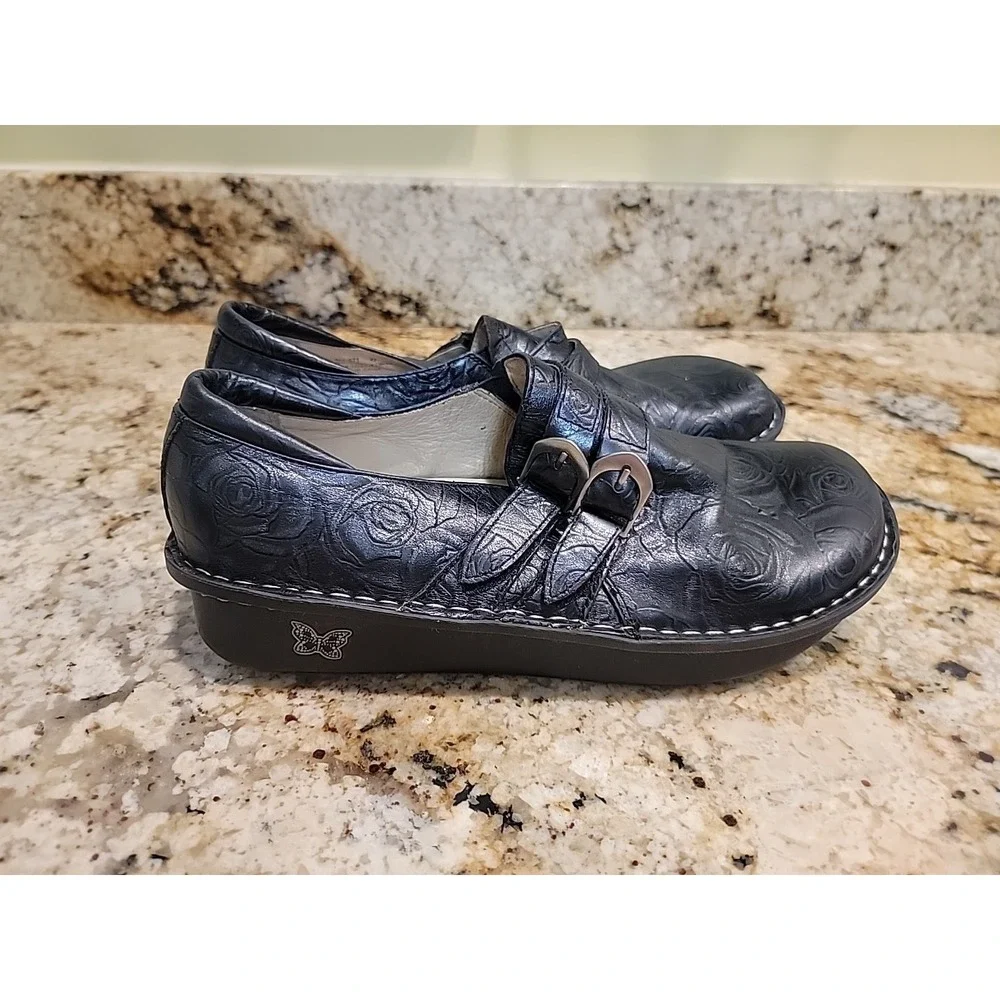 Alegria Ali Black Leather With Silver Embosse Roses - Gorgeous 42, US 11-11.5.